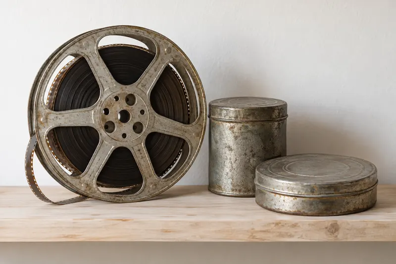 Régi fém filmtekercs és két filmdoboz egy világos fapolcon
